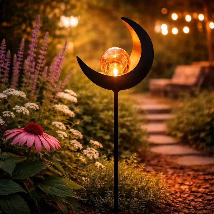 Lampe solaire en forme de lune éclairant un chemin de jardin fleuri ambiance chaleureuse et poétique extérieure