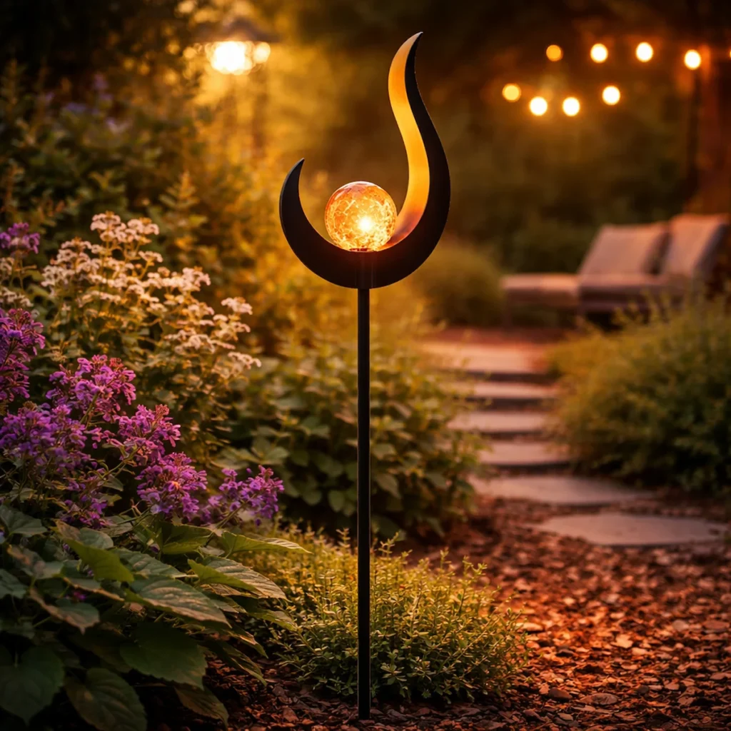 Lampe solaire en forme arabesque éclairant un chemin de jardin fleuri ambiance chaleureuse et apaisante