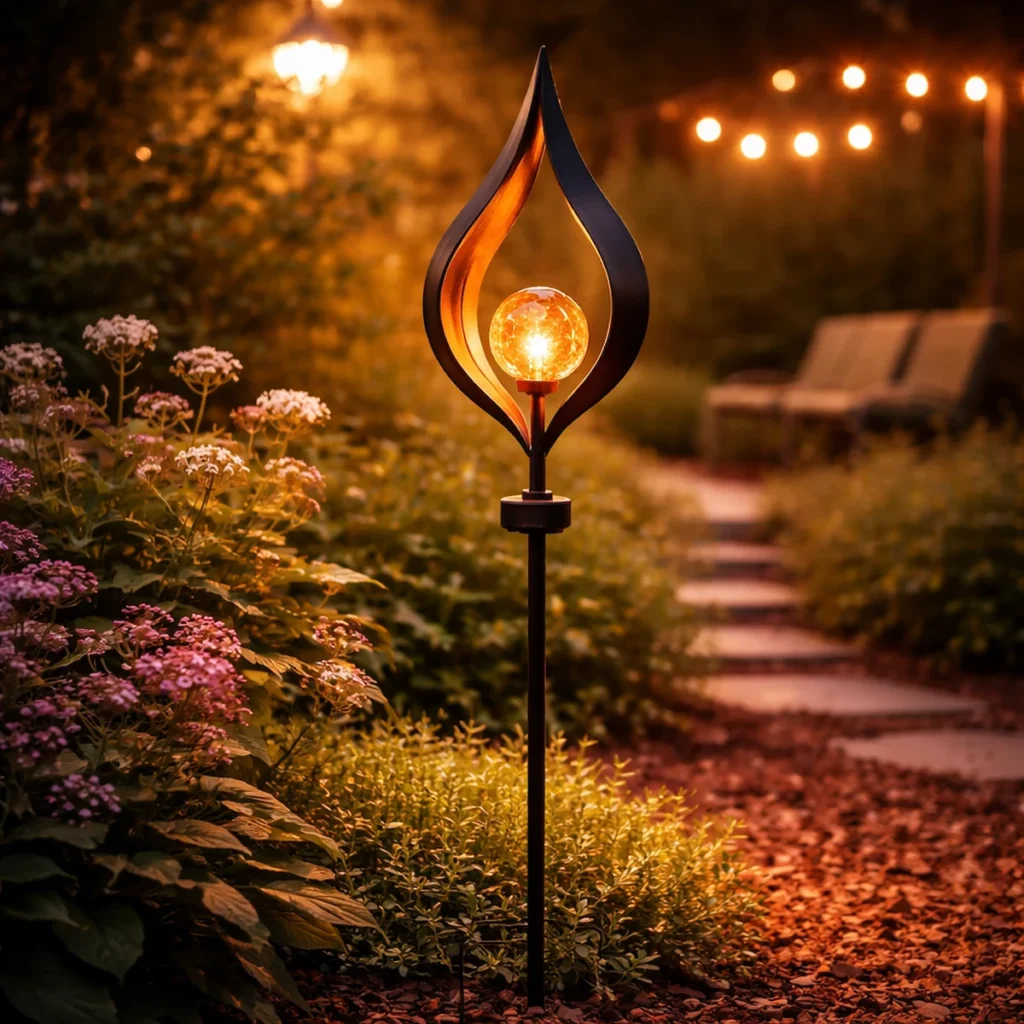 Lampe solaire design éclairant un chemin de jardin fleuri ambiance chaleureuse et apaisante extérieure