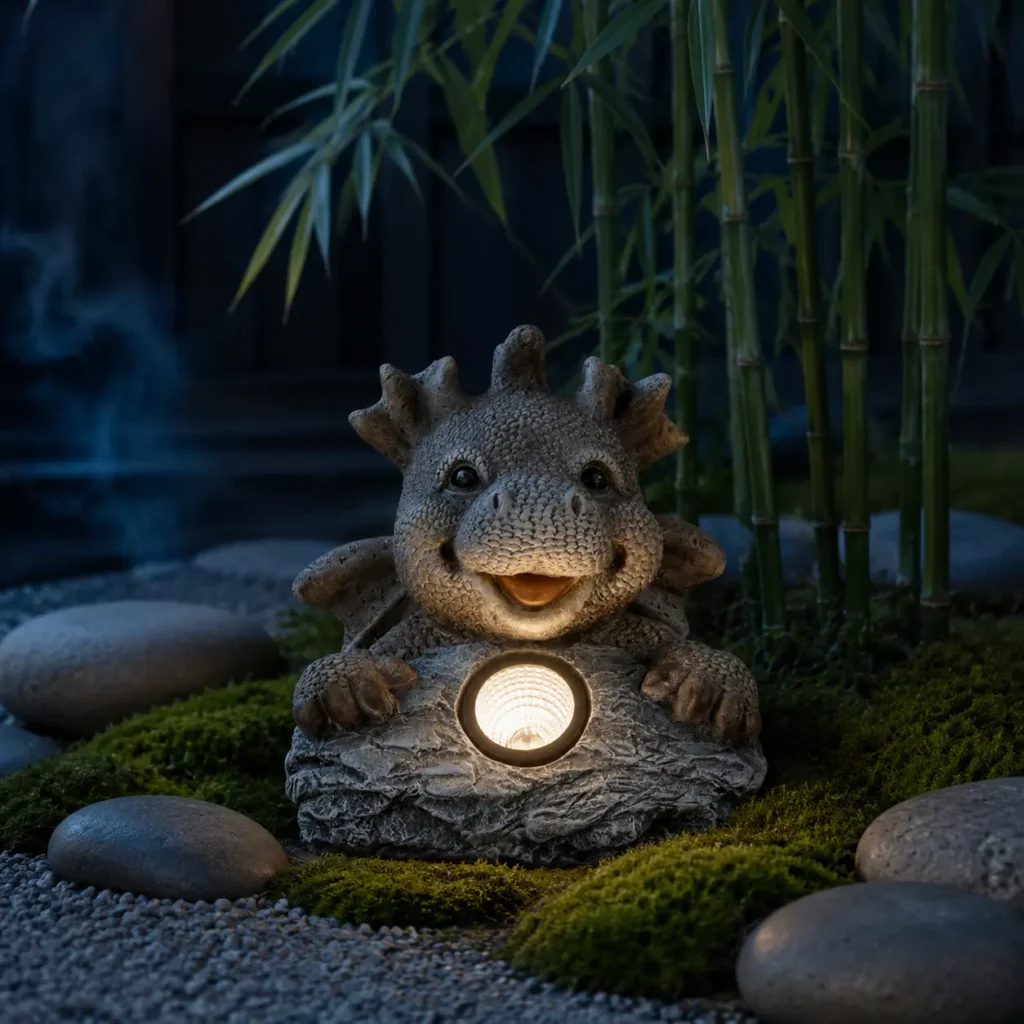 Dragon solaire lumineux dans un jardin zen avec bambous, mousse et galets