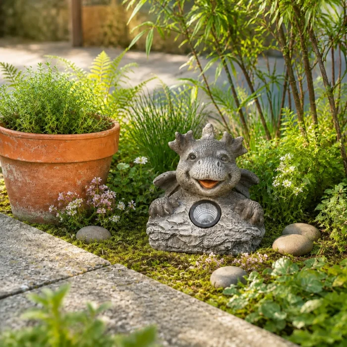 Grand dragon solaire rieur installé dans un massif fleuri au jardin