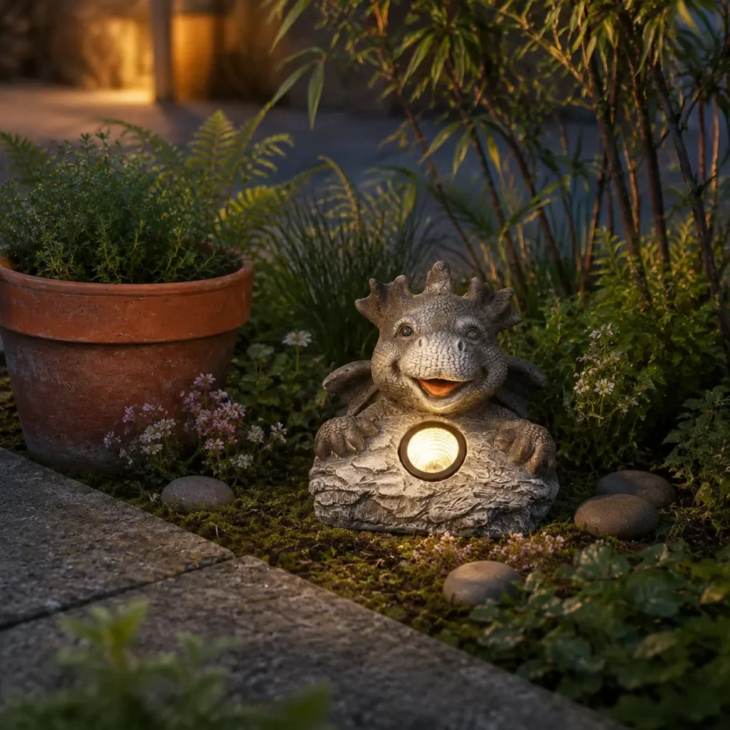 Grand dragon solaire lumineux dans un massif fleuri à la nuit tombée