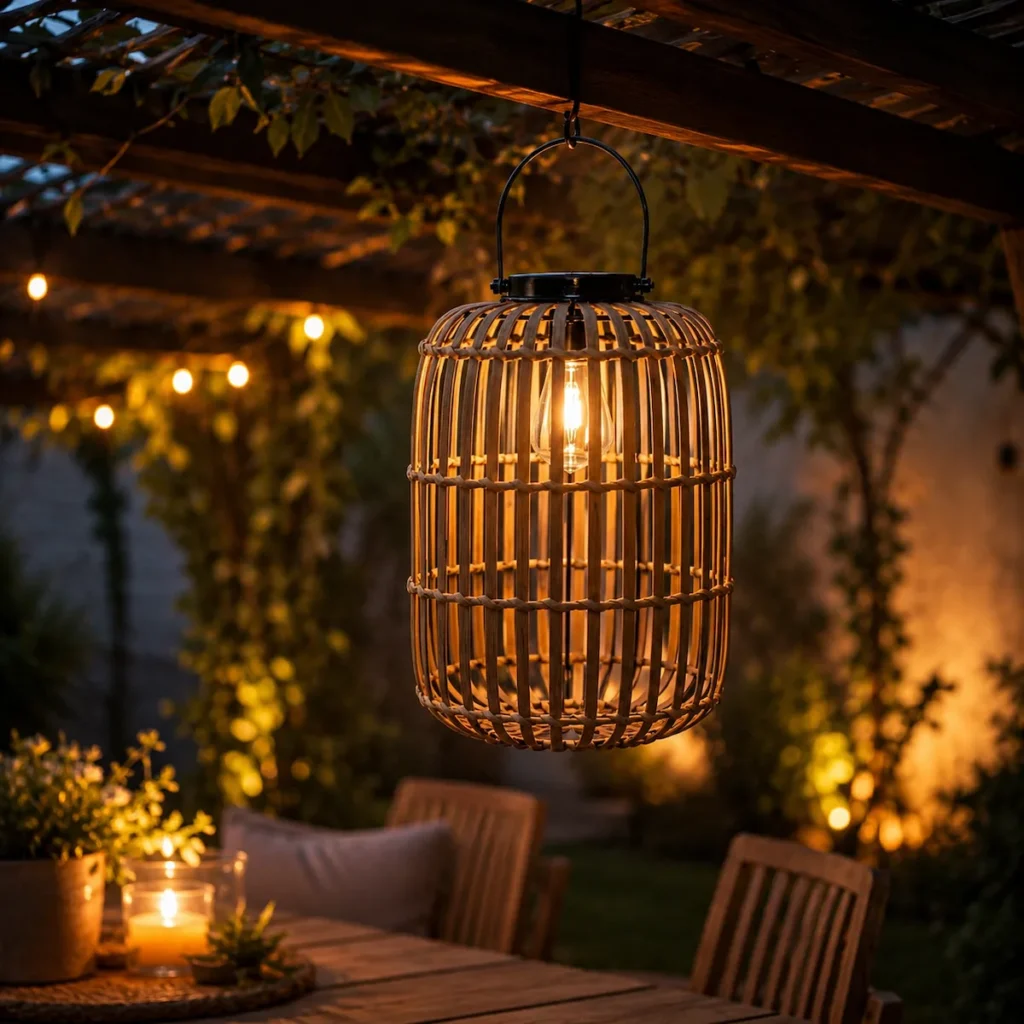 "Lanterne solaire suspendue en rotin au-dessus d’une table extérieure, dans une ambiance chaleureuse sous pergola au crépuscule"