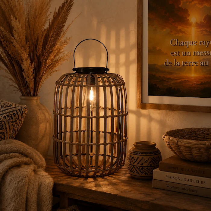 Lanterne solaire en bambou naturel diffusant une lumière douce dans un intérieur bohème, associée à une toile inspirée de la nature et de la lumière pour une ambiance apaisante.