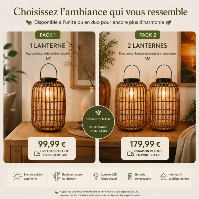 Pack 1 et pack 2 lanterne solaire bambou naturel LED blanc chaud – décoration lumineuse bohème pour terrasse, balcon ou intérieur chaleureux.