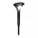 Lampe solaire LED noire pour jardin, en forme de tulipe, allumée, avec piquet de fixation au sol
