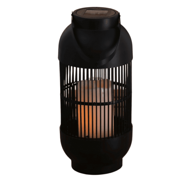 Lanterne solaire LED noire avec effet flamme réaliste, design grillagé pour jardin, terrasse ou balcon