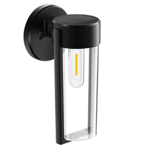 Applique murale LED solaire noire moderne avec capteur, design cylindrique en verre transparent