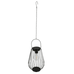 Lanterne solaire suspendue noire en métal avec ampoule LED et chaîne de fixation pour extérieur.