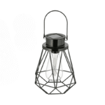 Lanterne solaire noire en métal ajouré, forme géométrique, ampoule LED style vintage à l’intérieur