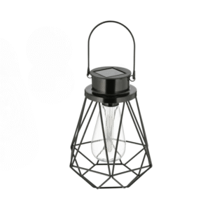 Lanterne solaire noire en métal ajouré, forme géométrique, ampoule LED style vintage à l’intérieur