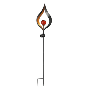 Balise solaire jardin flamme avec boule LED orange, design métal noir et doré, à piquer dans le sol.