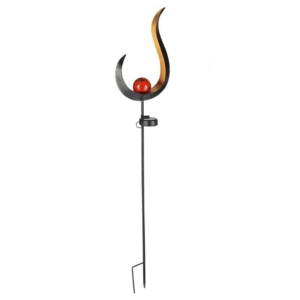 Lampe solaire courbe arabesque avec boule LED orange, sur tige à piquer, design métal noir et doré élégant.