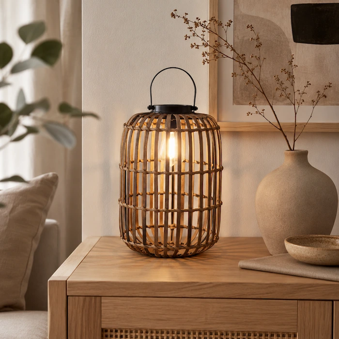 Lanterne solaire en bambou naturel posée sur un meuble en bois clair dans un salon chaleureux, décoration naturelle et lumière LED blanc chaud.