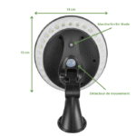 Lampe solaire LED murale avec détecteur de mouvement, bouton marche/arrêt et dimensions en cm