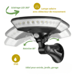 Lampe solaire avec détecteur de mouvement, LED 360°, rotation 80°, étanche IP65, usage extérieur