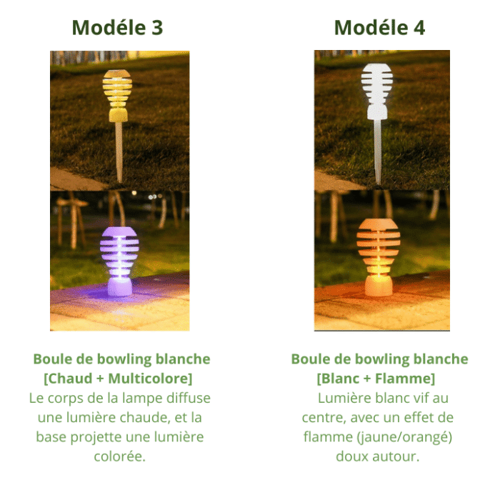 Lampe solaire jardin blanche, modèle chaud multicolore et modèle blanc flamme à effet jaune/orangé
