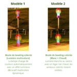 Lampe solaire jardin boule colorée, modèle multicolore dynamique et modèle blanc chaud avec anneaux visibles.