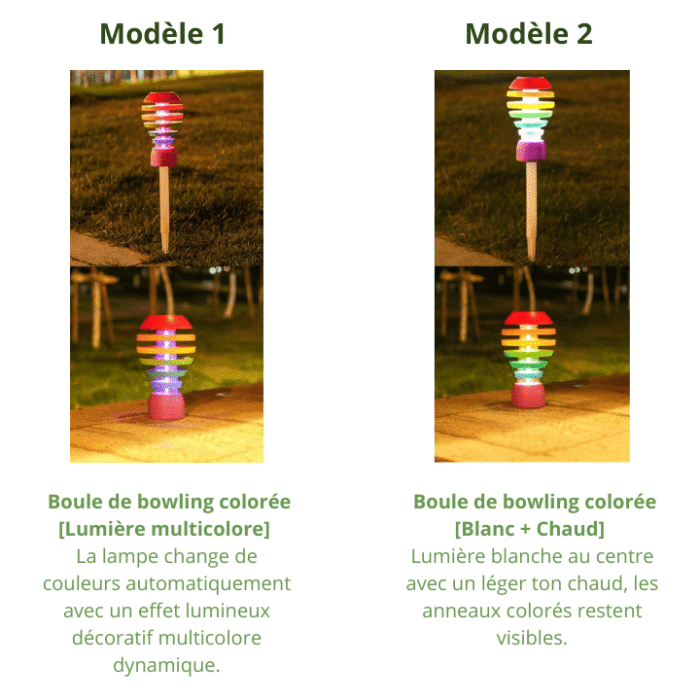Lampe solaire jardin boule colorée, modèle multicolore dynamique et modèle blanc chaud avec anneaux visibles.