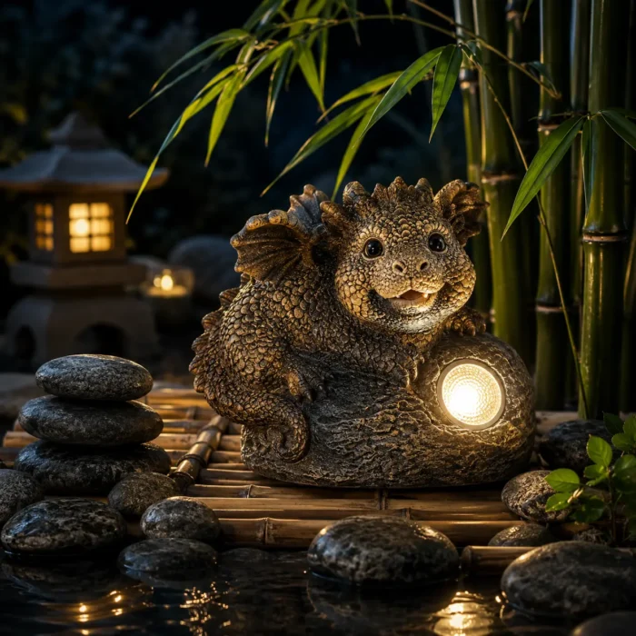 Petit dragon solaire lumineux dans un décor zen avec bambous et galets