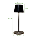 Lampe de table noire H30,5 cm, abat-jour conique 8 cm, base ronde 11 cm avec flèches de dimensions