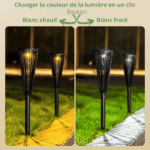 Lampe de jardin solaire à piquet, éclairage blanc chaud et froid sur pelouse, ambiance extérieure de nuit