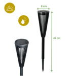 Lampe LED solaire décorative noire à piquet, dimensions détaillées en cm