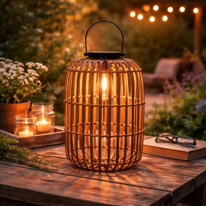 Lanterne solaire en bois avec lumière chaude posée sur une table extérieure ambiance jardin cosy avec bougies et guirlande lumineuse
