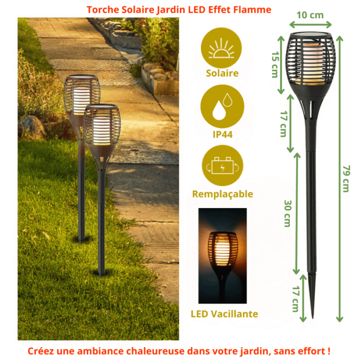 Torche solaire jardin LED effet flamme, étanche IP44, ambiance extérieure chaleureuse, sans