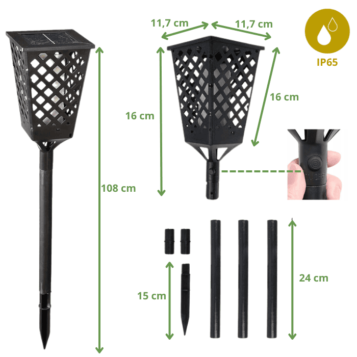 Lampe solaire avec indication IP65 et ses dimensions.