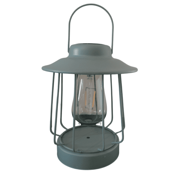 Lanterne solaire vintage en métal vert olive avec ampoule LED filament décorative – éclairage extérieur autonome