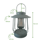 Lanterne solaire vintage en métal vert olive avec ampoule LED filament, dimensions 18,5 cm de hauteur et 16 cm de diamètre