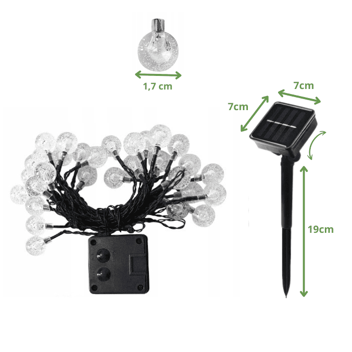 Guirlande LED solaire 40 boules transparentes, panneau 19×7 cm, diamètre boule 1,7 cm, câble avec boîtier de contrôle.
