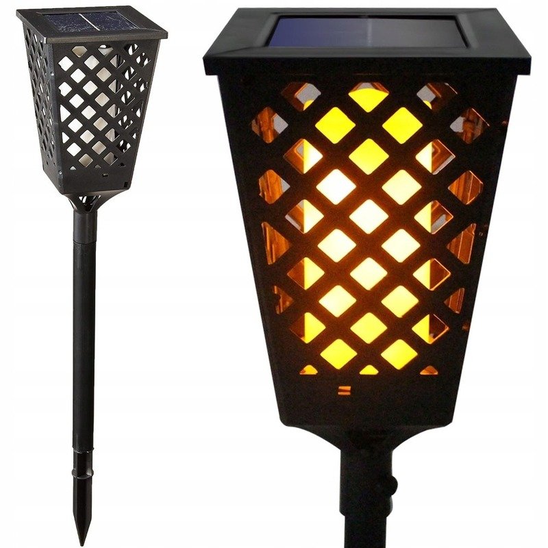 Lampe solaire LED jardin effet flamme, design lanterne noire sur piquet, éclairage extérieur décoratif.