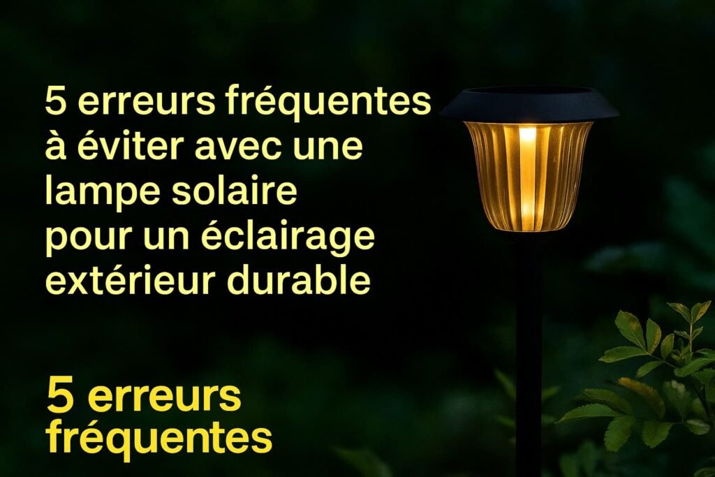 Lampe solaire dans un jardin obscure avec texte " 5 erreurs fréquentes "