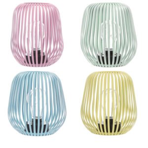 Lampes design en métal pastel rose, vert, bleu et jaune, style cage avec ampoule visible, déco moderne.