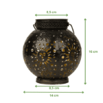 Lanterne solaire noire ajourée avec motifs soleil, dimensions : 16×14×8,5 cm, vue avec mesures.