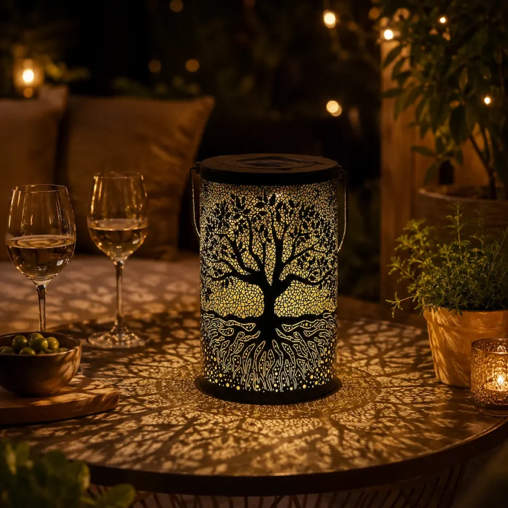 Lanterne solaire Arbre de Vie illuminant une table de terrasse avec une projection lumineuse décorative lors d'une soirée conviviale en extérieur.