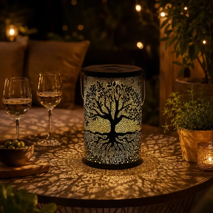Lanterne solaire Arbre de Vie illuminant une table de terrasse avec une projection lumineuse décorative lors d'une soirée conviviale en extérieur.