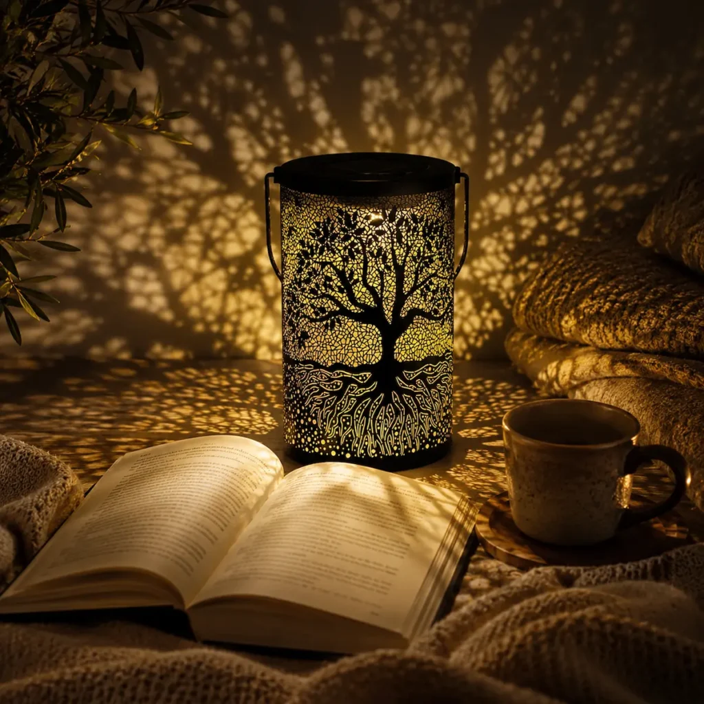 Lanterne solaire Arbre de Vie créant une ambiance chaleureuse pour la lecture grâce à ses ombres lumineuses projetées dans un espace cocooning.