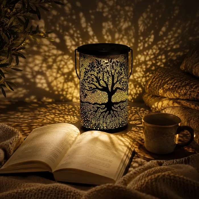 Lanterne solaire Arbre de Vie créant une ambiance chaleureuse pour la lecture grâce à ses ombres lumineuses projetées dans un espace cocooning.