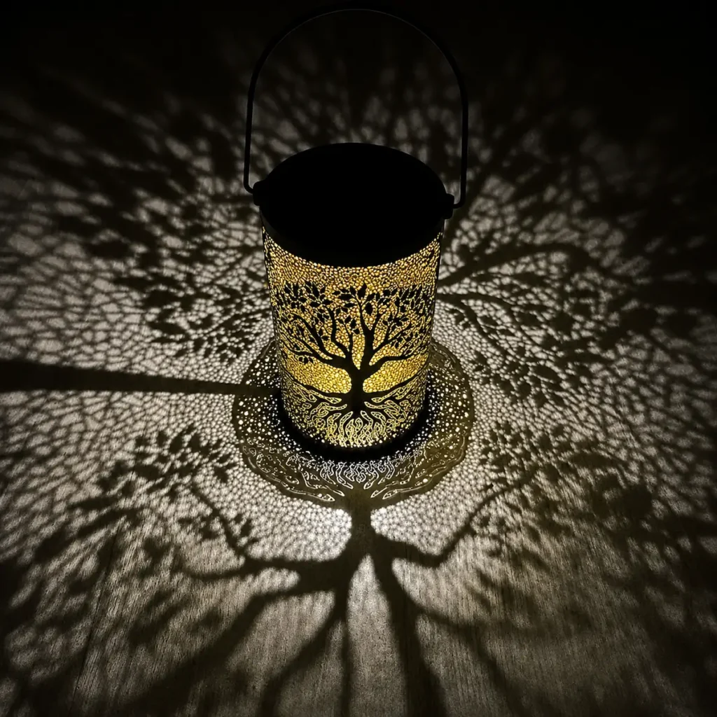 "Lanterne solaire décorative motif arbre projetant de grandes ombres lumineuses sur le sol dans une ambiance nocturne poétique."