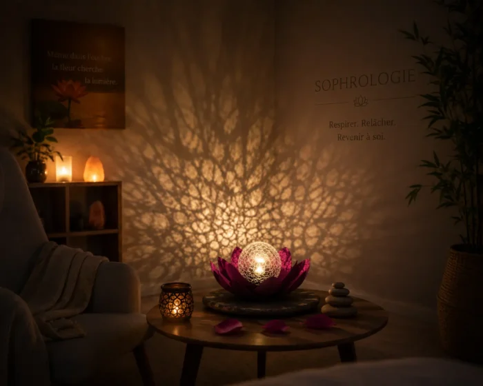 Lampe lotus solaire LED diffusant une lumière apaisante dans un cabinet de sophrologie avec projection lumineuse décorative.