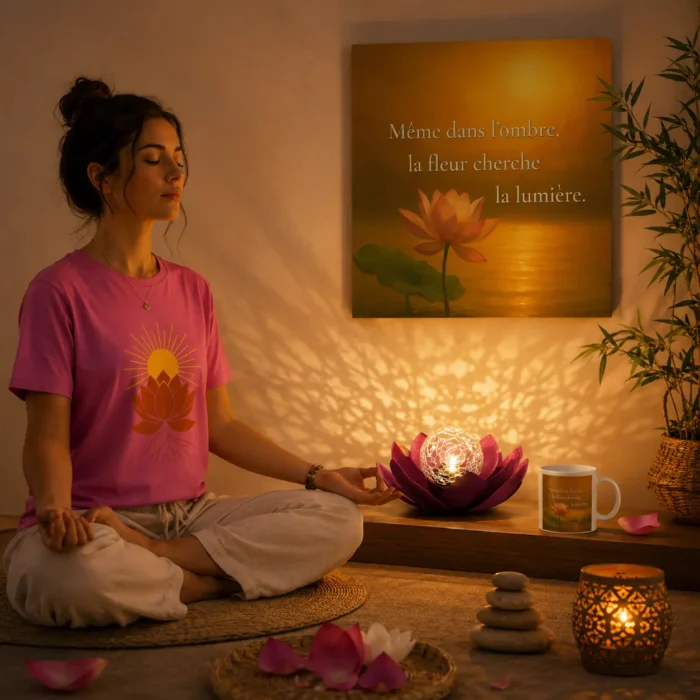 Collection Lotus Solaire composée d'un t-shirt lotus, d'une lampe lotus solaire, d'un tableau mural et d'un mug dans une ambiance de méditation zen.
