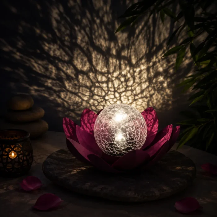 Lampe lotus solaire LED allumée projetant une lumière décorative dans un espace de méditation zen.