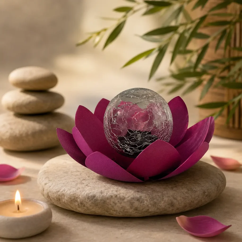 Lampe lotus solaire LED violette posée sur des galets dans une ambiance zen, idéale pour la méditation et la décoration extérieure ou intérieure.