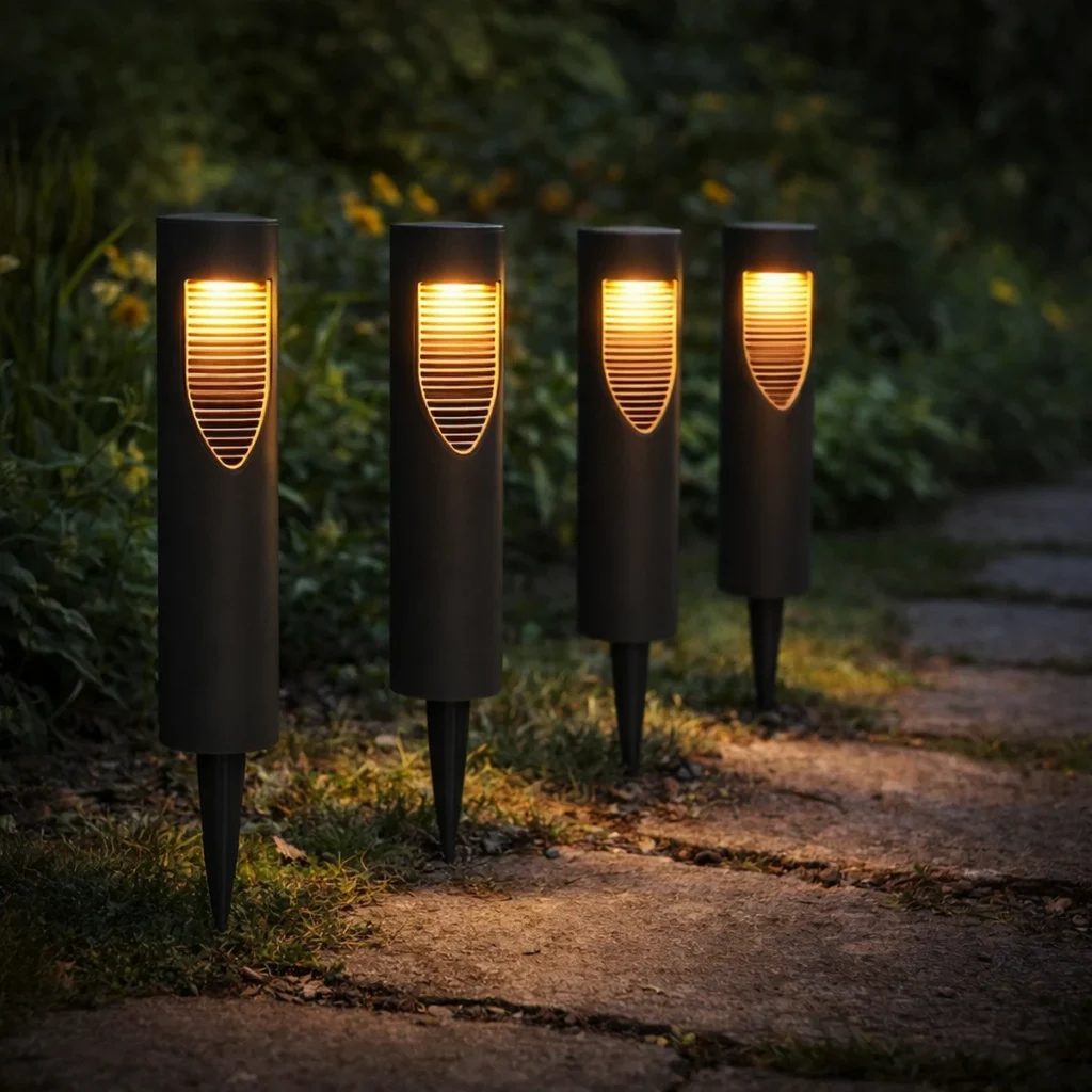 Bornes solaires design éclairant une allée de jardin la nuit ambiance moderne et élégante