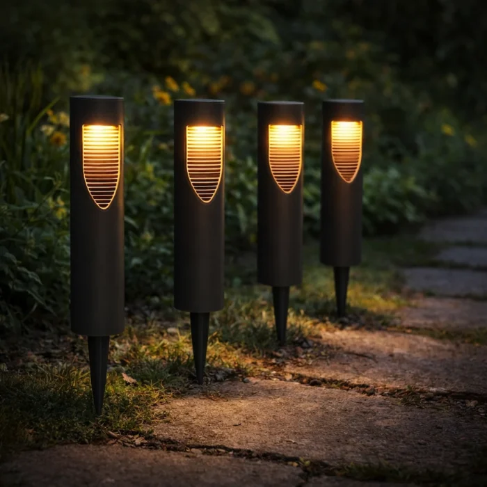 Bornes solaires design éclairant une allée de jardin la nuit ambiance moderne et élégante