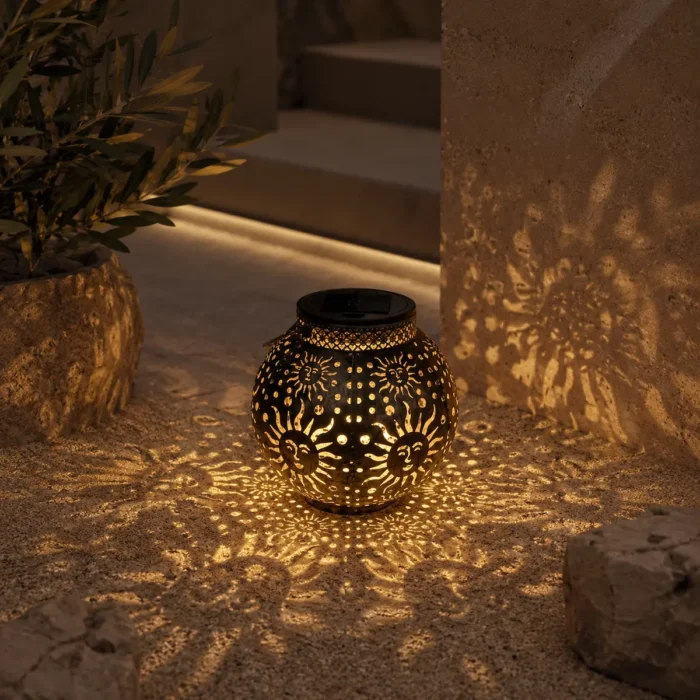 "Lanterne solaire ajourée motif soleil dans un jardin minéral chic, lumière chaude projetée sur sol et mur texturé."