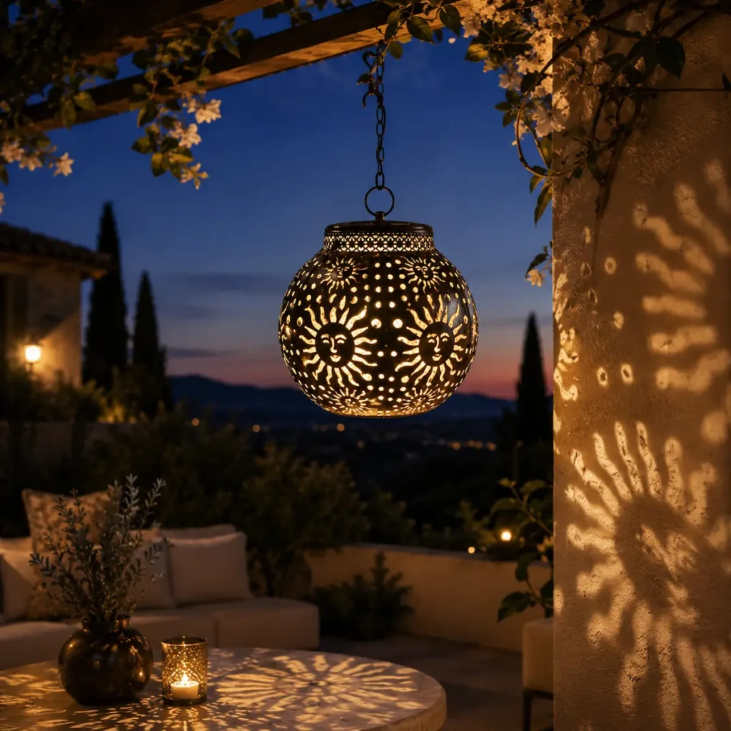 "Lanterne solaire suspendue motif soleil sur terrasse extérieure, ombres lumineuses projetées sur mur dans une ambiance douce et élégante."